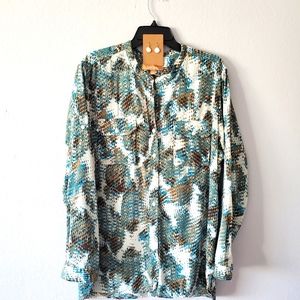 Ellen Tracy Print Button Up Blouse w Optional Roll Up Sleeves & Free Earrings